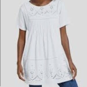 Woman Within White Eyelet Embroidered Cotton Tunic Top Short Sleeve 18/20